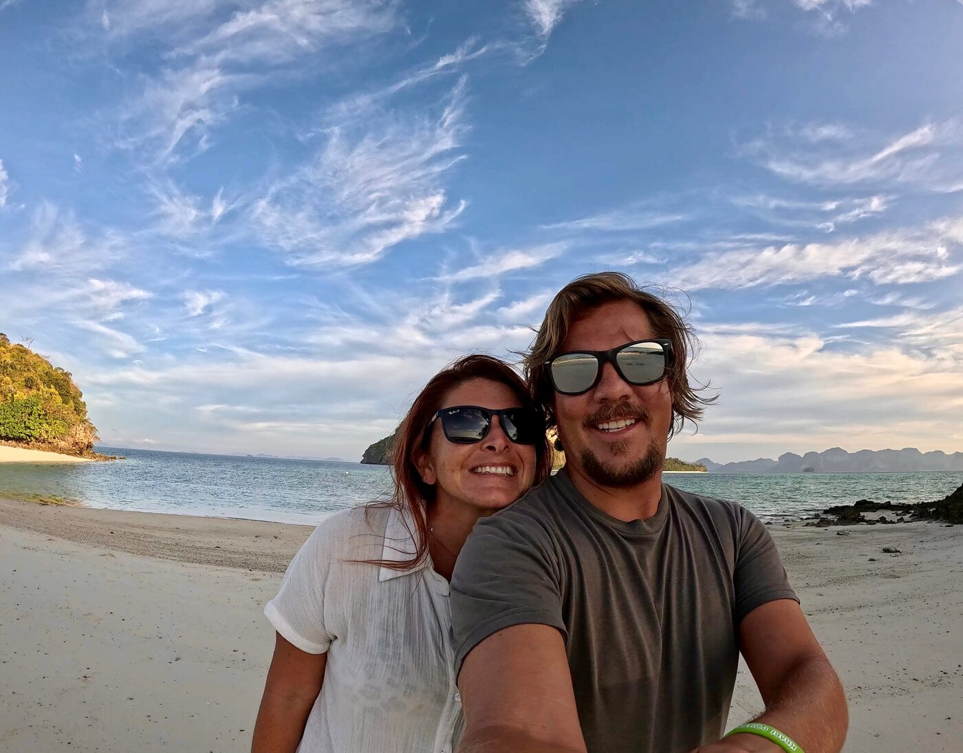 Jesse and Karlee in sunglasses on a quiet beach